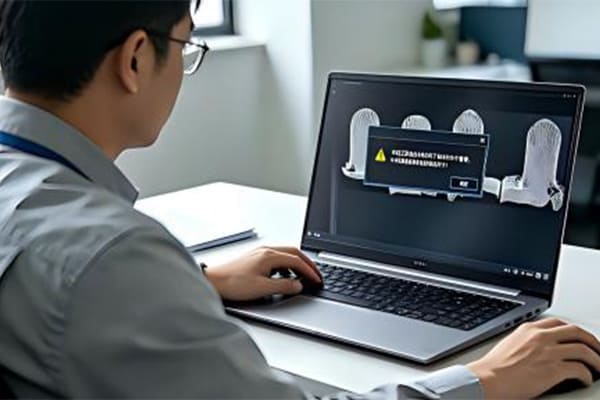 A support engineer providing remote assistance on a laptop